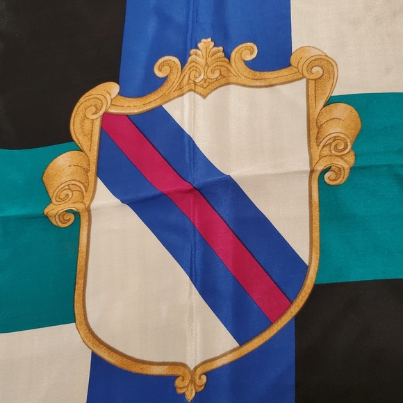 Vintage Anne Klein Blue and Gold Geometric Crest Scarf. 100% Silk. 34" x 34" - Picture 6 of 7